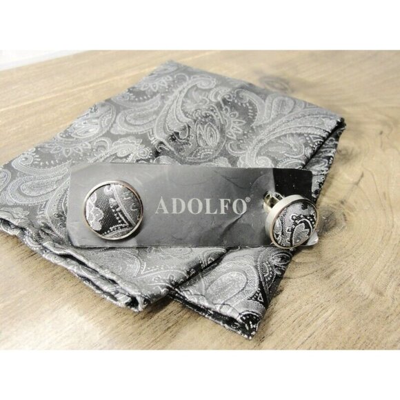 Adolfo Cufflinks Handkerchief Set Silver Tone Black Paisleys No Box - Picture 5 of 5